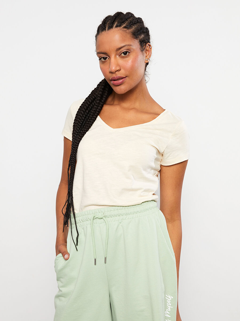 V-neck Straight Short Sleeve Cotton Women's T-Shirt-2