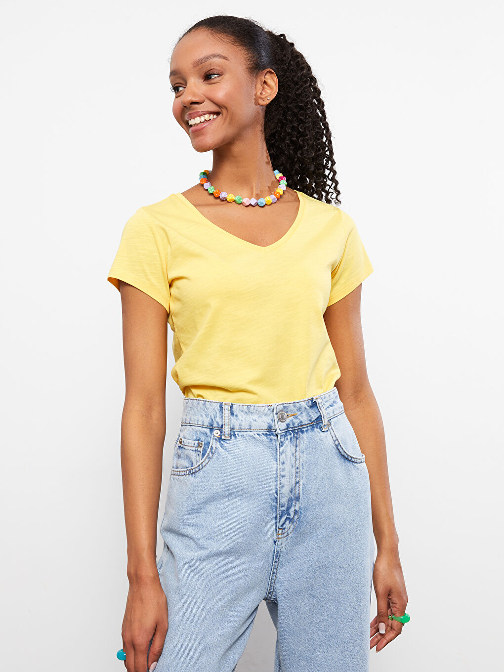LCW Vision V-neck Straight Short Sleeve Cotton Women's T-Shirt -S26516Z8-G5J