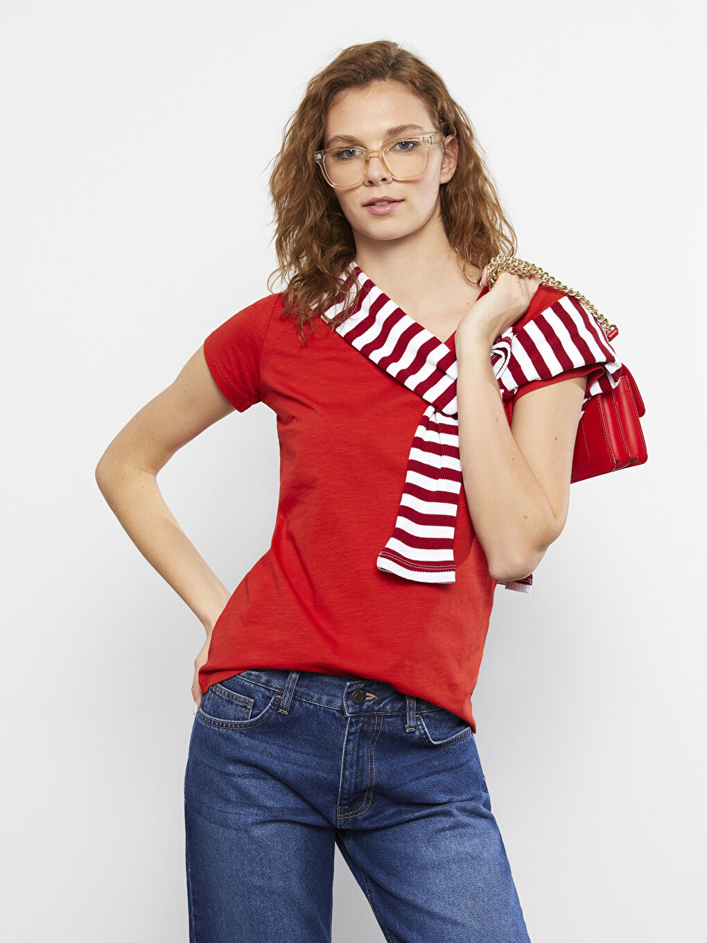 V-neck Straight Short Sleeve Cotton Women's T-Shirt-1