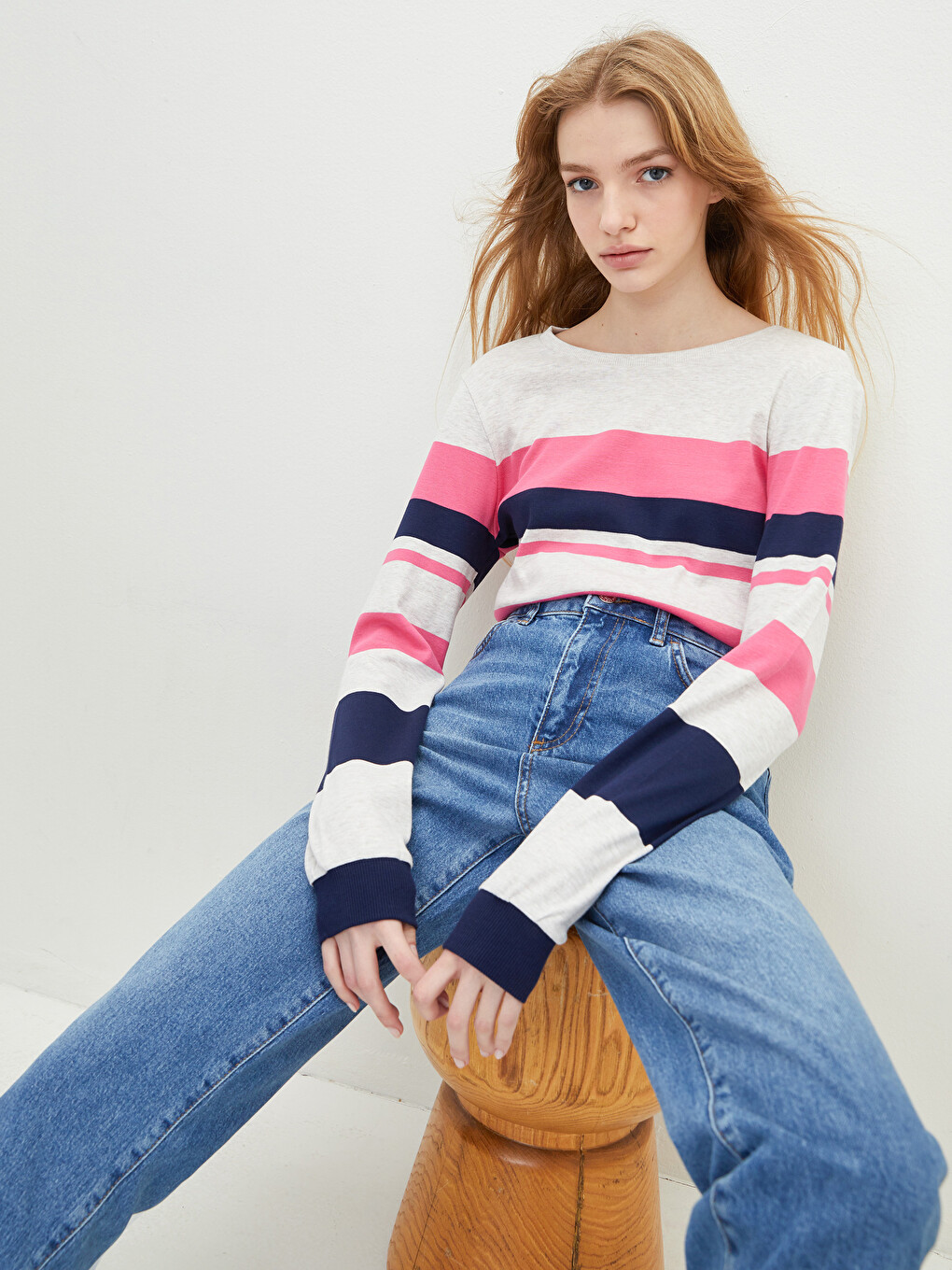 Crew Neck Color Block Long Sleeve Cotton Women's T-Shirt