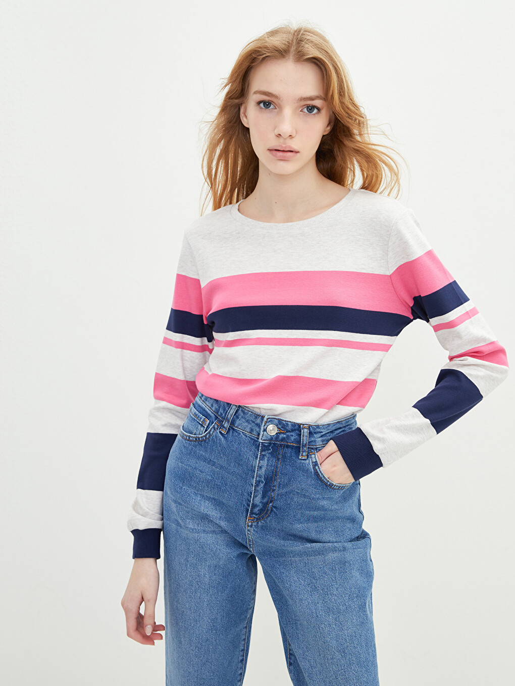 Crew Neck Color Block Long Sleeve Cotton Women's T-Shirt-1