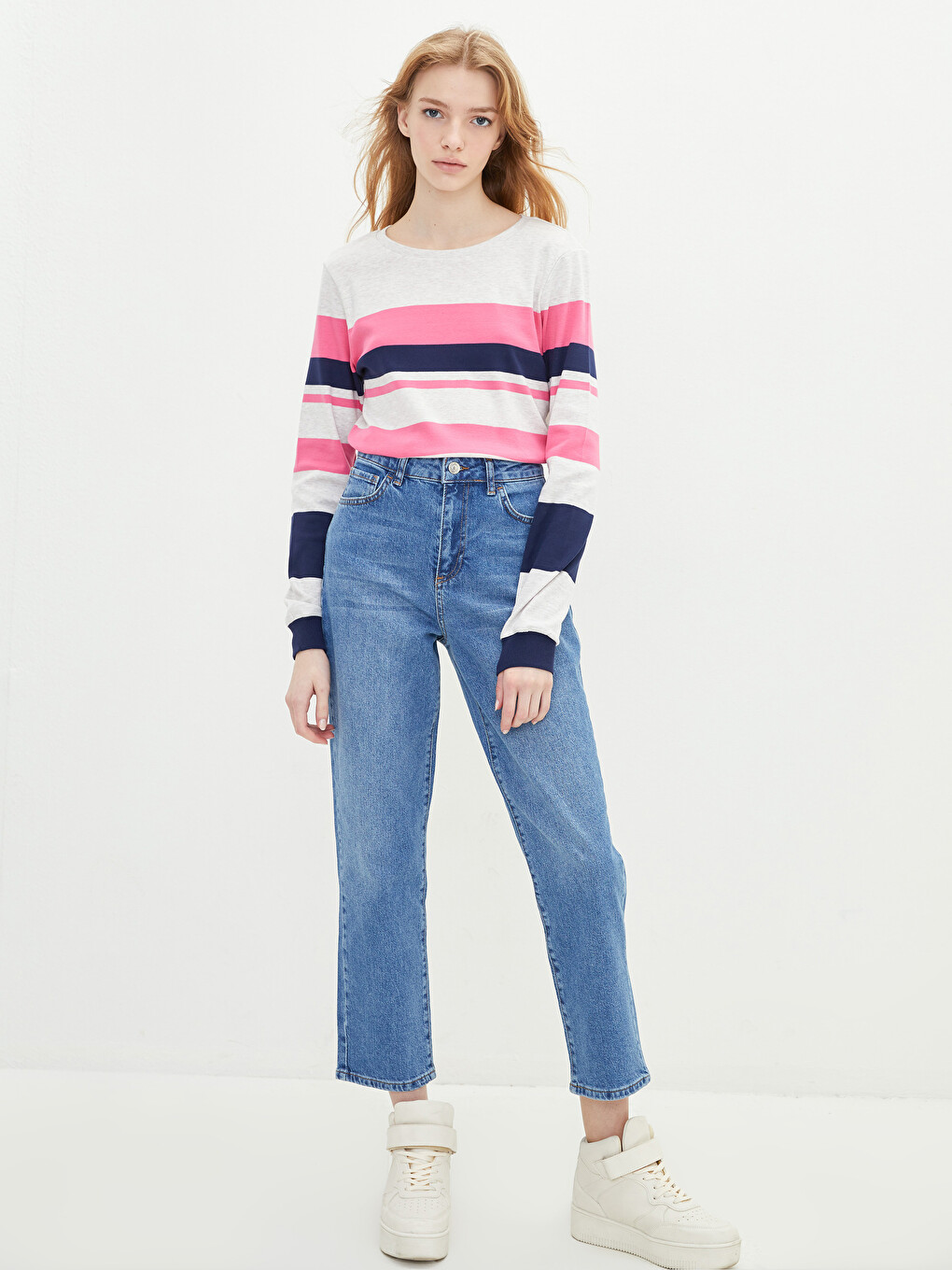 Crew Neck Color Block Long Sleeve Cotton Women's T-Shirt-2