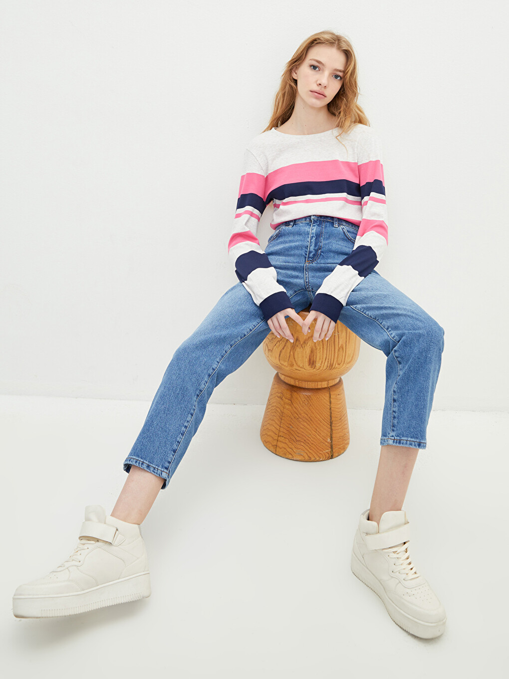 Crew Neck Color Block Long Sleeve Cotton Women's T-Shirt-3