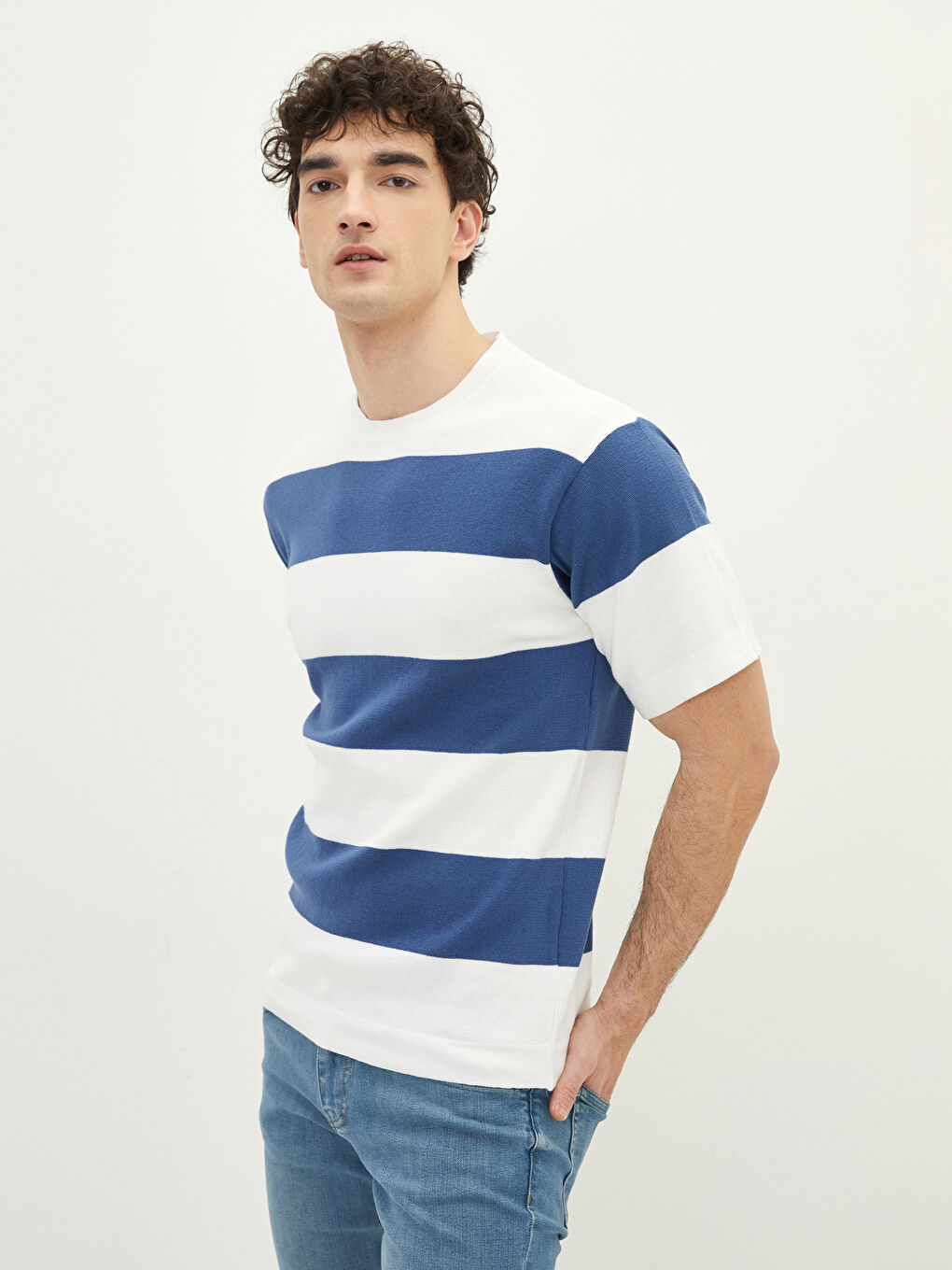 İndigo Bisiklet Yaka Kısa Kollu Renk Bloklu Erkek Triko Kazak