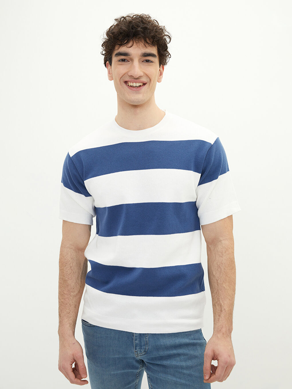 İndigo Bisiklet Yaka Kısa Kollu Renk Bloklu Erkek Triko Kazak-1