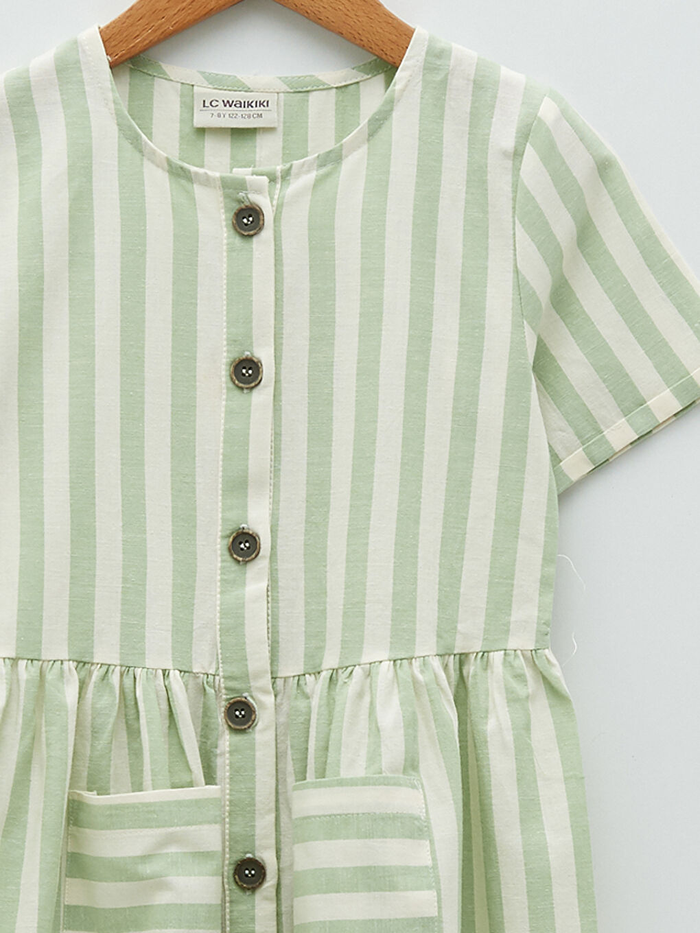 Yeşil Bisiklet Yaka Çizgili Kısa Kollu Kız Çocuk Elbise-2