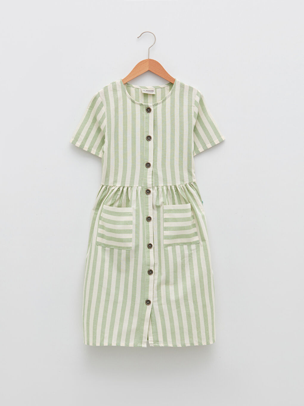 Yeşil Bisiklet Yaka Çizgili Kısa Kollu Kız Çocuk Elbise