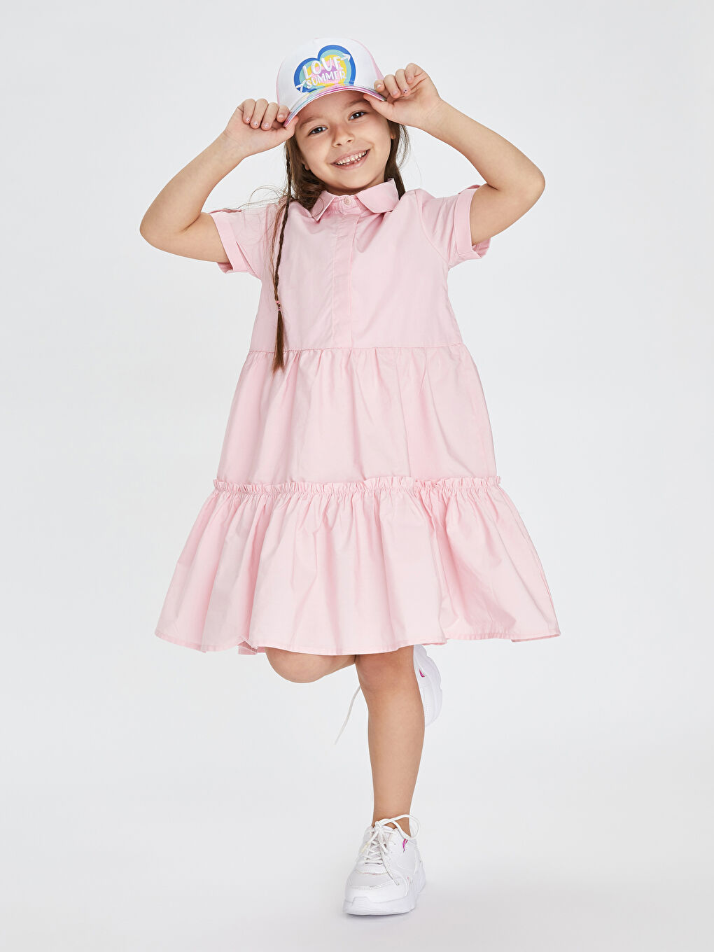 Basic Shirt Collar Short Sleeve Poplin Girl Dress-1
