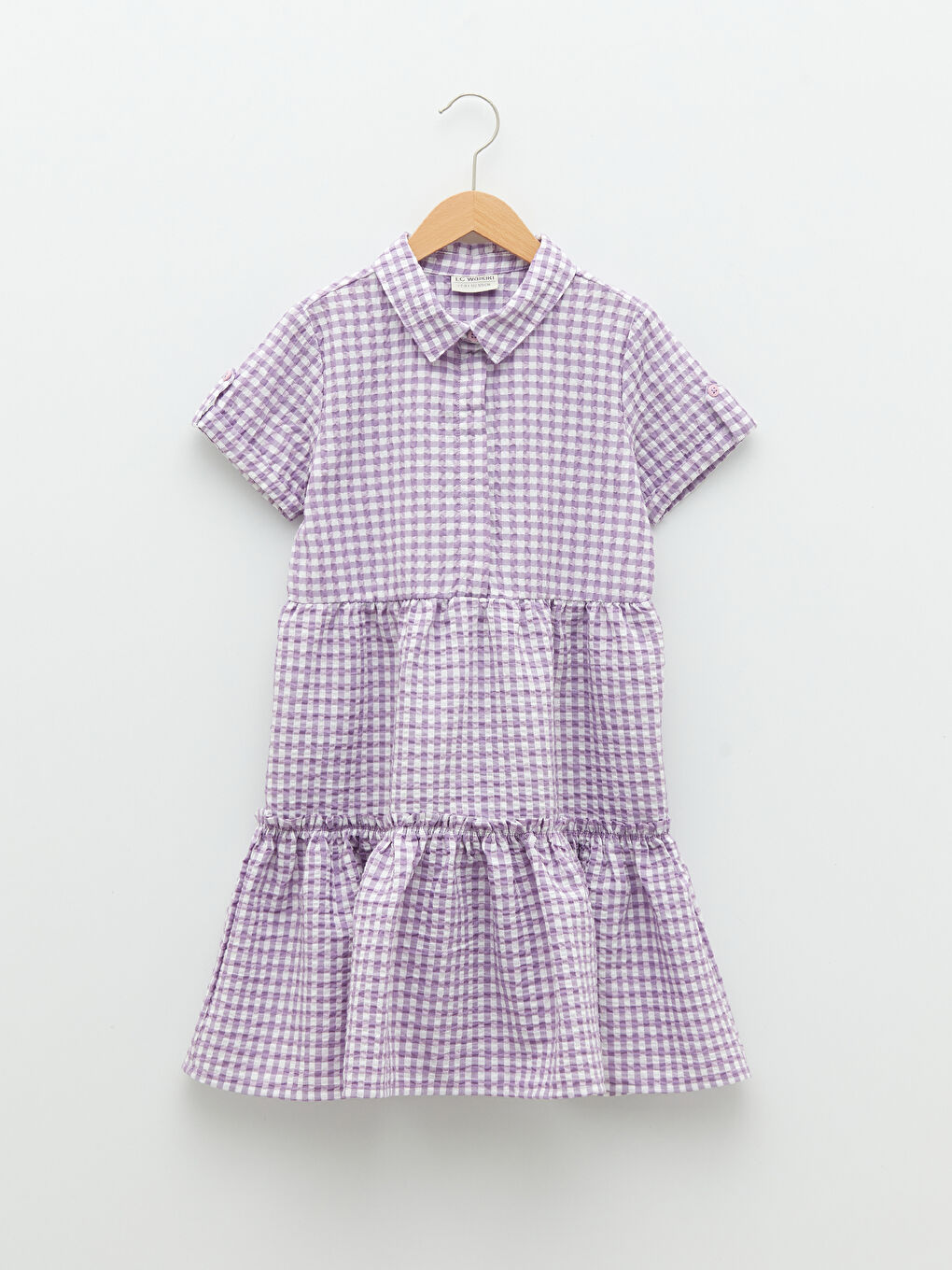 فستان بناتي بياقة قميص كاروهات كم قصير