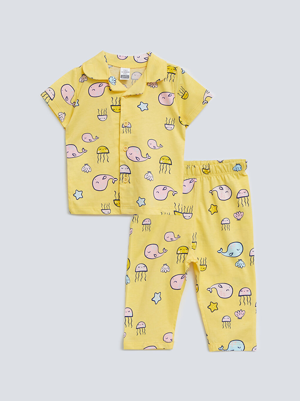 Polo Collar Short Sleeve Printed Cotton Baby Girl Pajamas Set