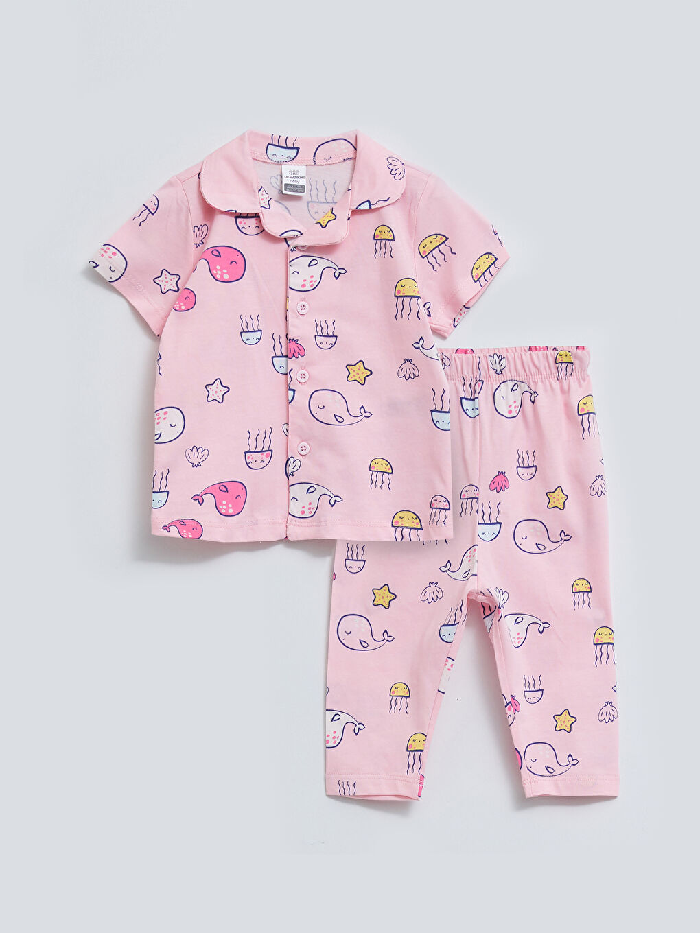 Polo Collar Short Sleeve Printed Cotton Baby Girl Pajamas Set