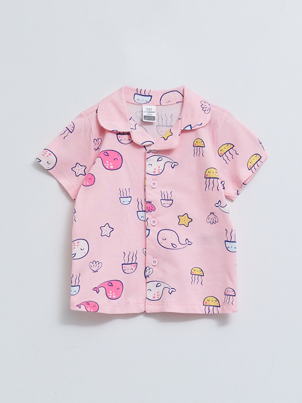 Polo Collar Short Sleeve Printed Cotton Baby Girl Pajamas Set-1