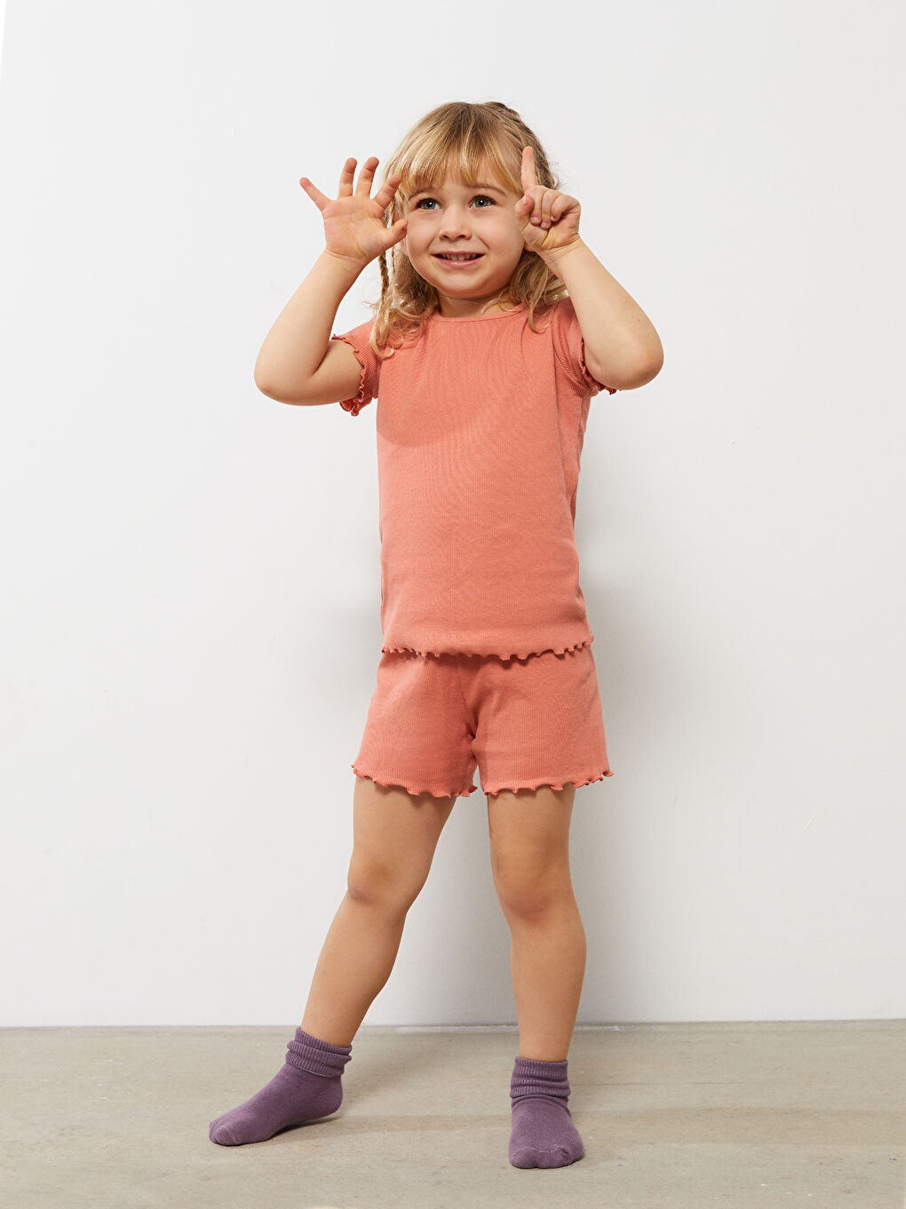 Crew Neck Short Sleeve Basic Cotton Baby Girl Pajamas Set-1