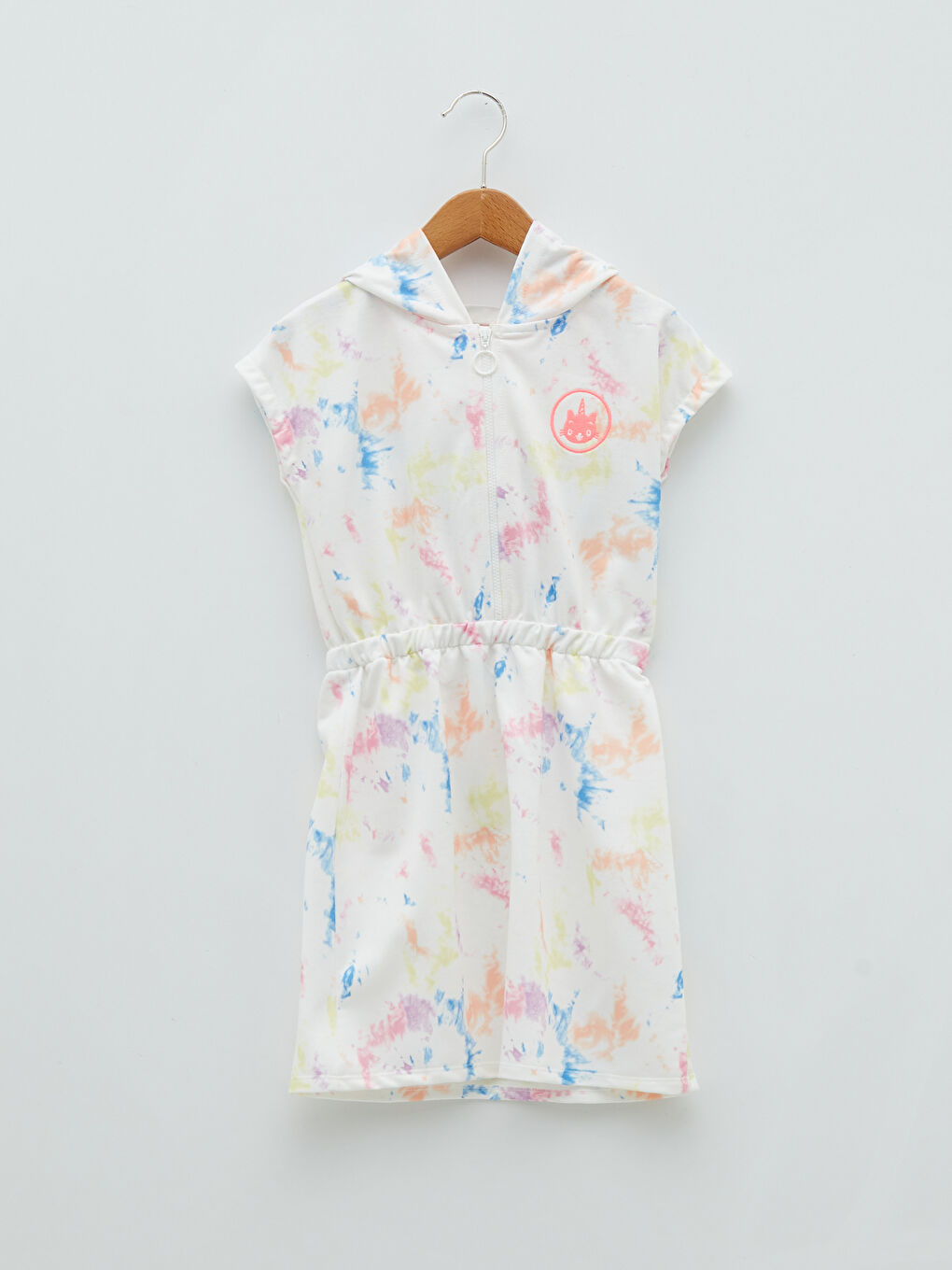 Karışık Kapüşonlu Batik Desenli Kısa Kollu Kız Çocuk Elbise