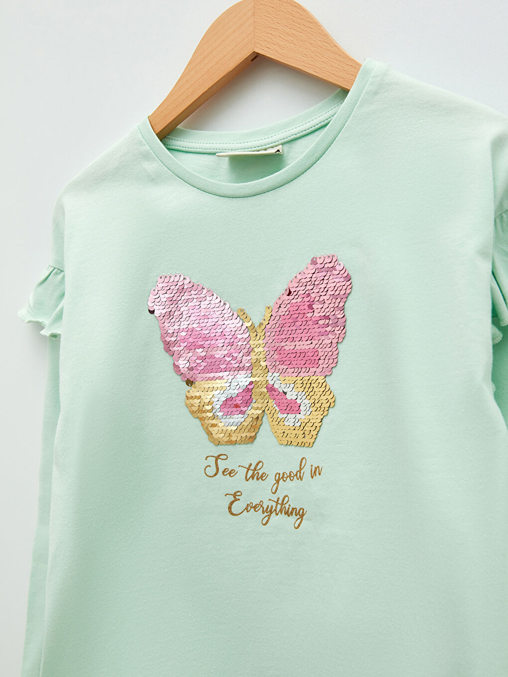 Crew Neck Printed Two-way Sequin Long Sleeve Cotton Girl T-shirt-2