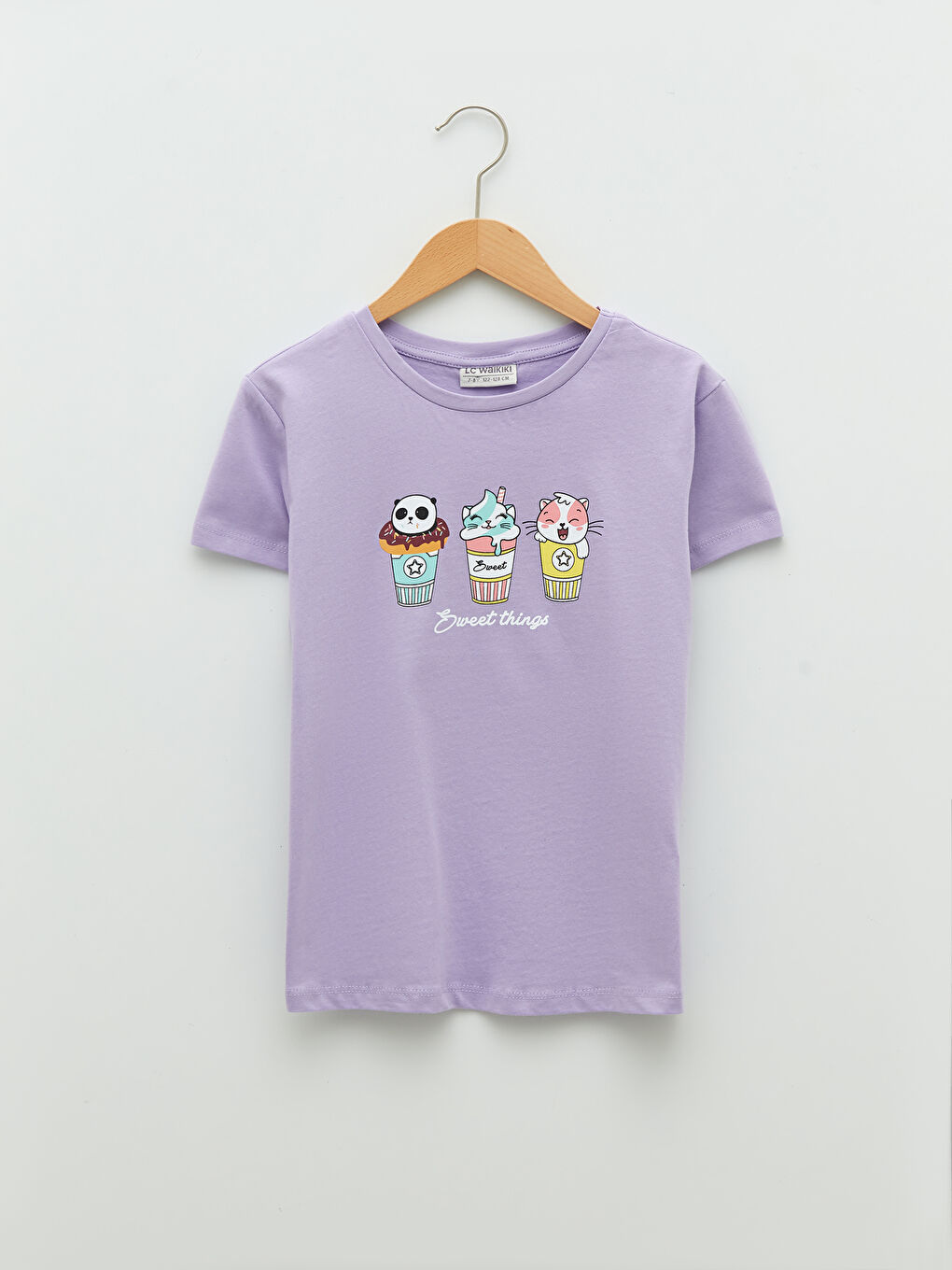 Lila Bisiklet Yaka Baskılı Kısa Kollu Pamuklu Kız Çocuk Tişört