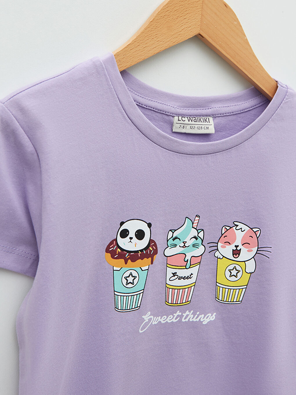 Lila Bisiklet Yaka Baskılı Kısa Kollu Pamuklu Kız Çocuk Tişört-2