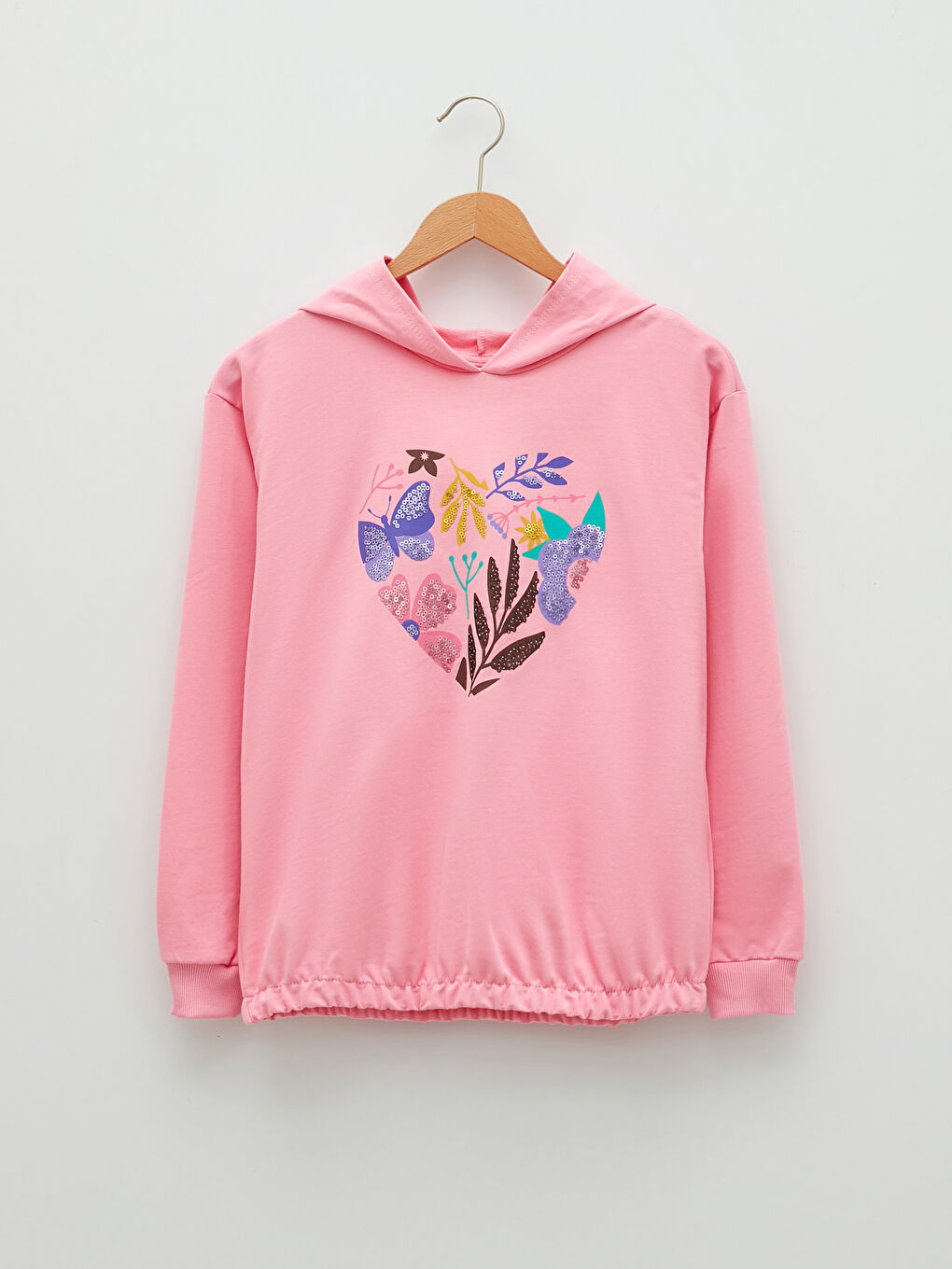 Pembe Kapüşonlu Baskılı Uzun Kollu Kız Çocuk Sweatshirt