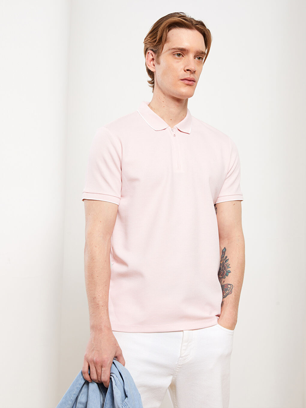 Pembe Polo Yaka Kısa Kollu Erkek Tişört-1