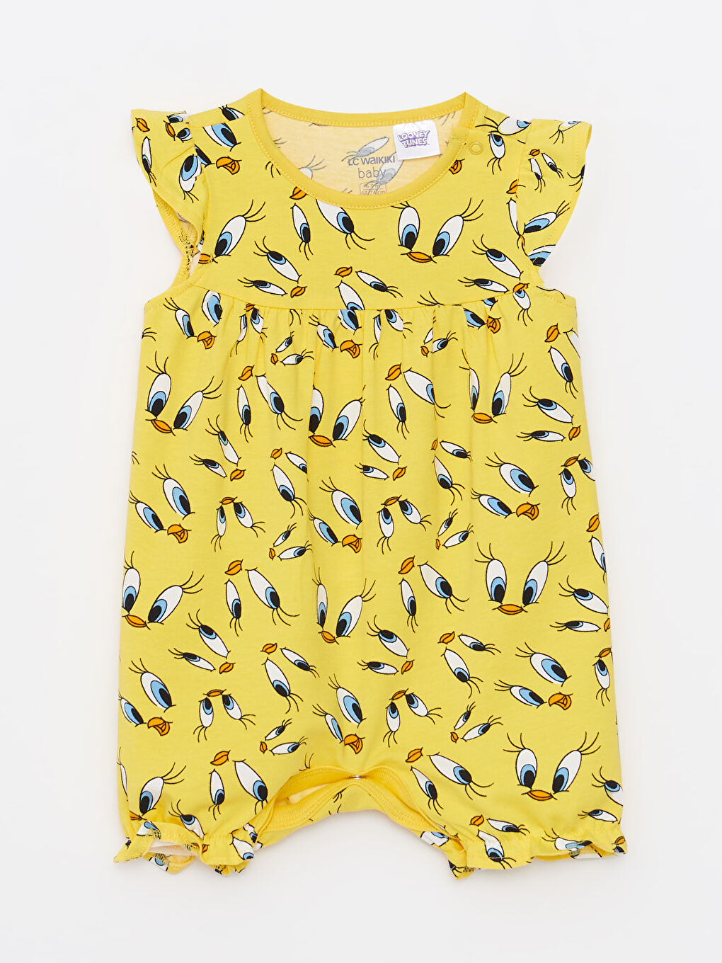 Sarı Bisiklet Yaka Tweety Baskılı Pamuklu Kız Bebek Tulum