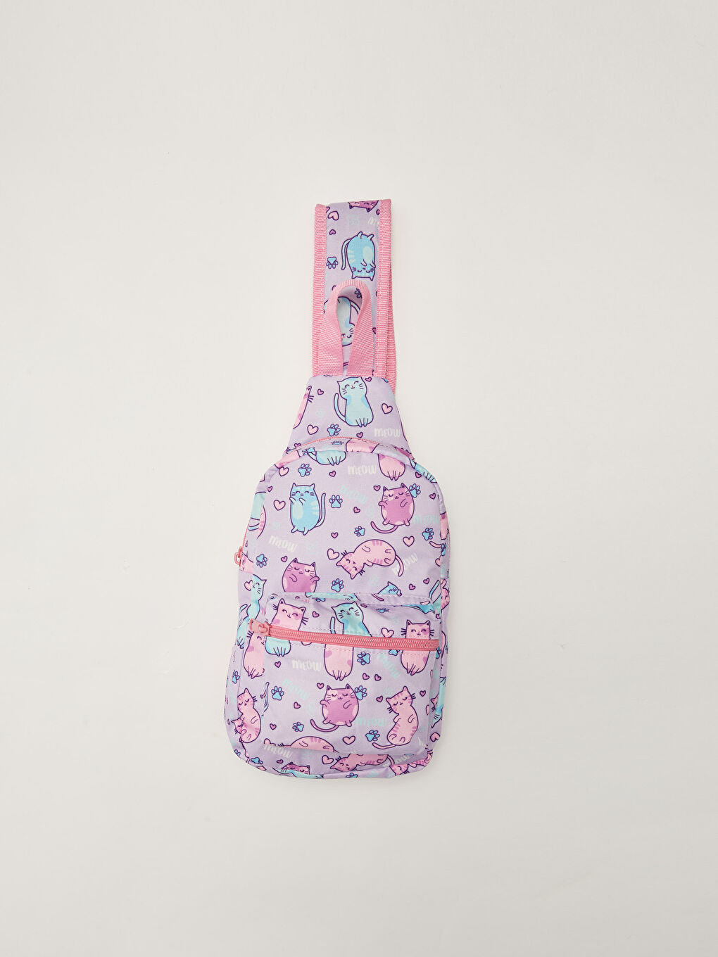 Mor Kız Çocuk Kedi Baskılı Sırt ve Vücut Çantası