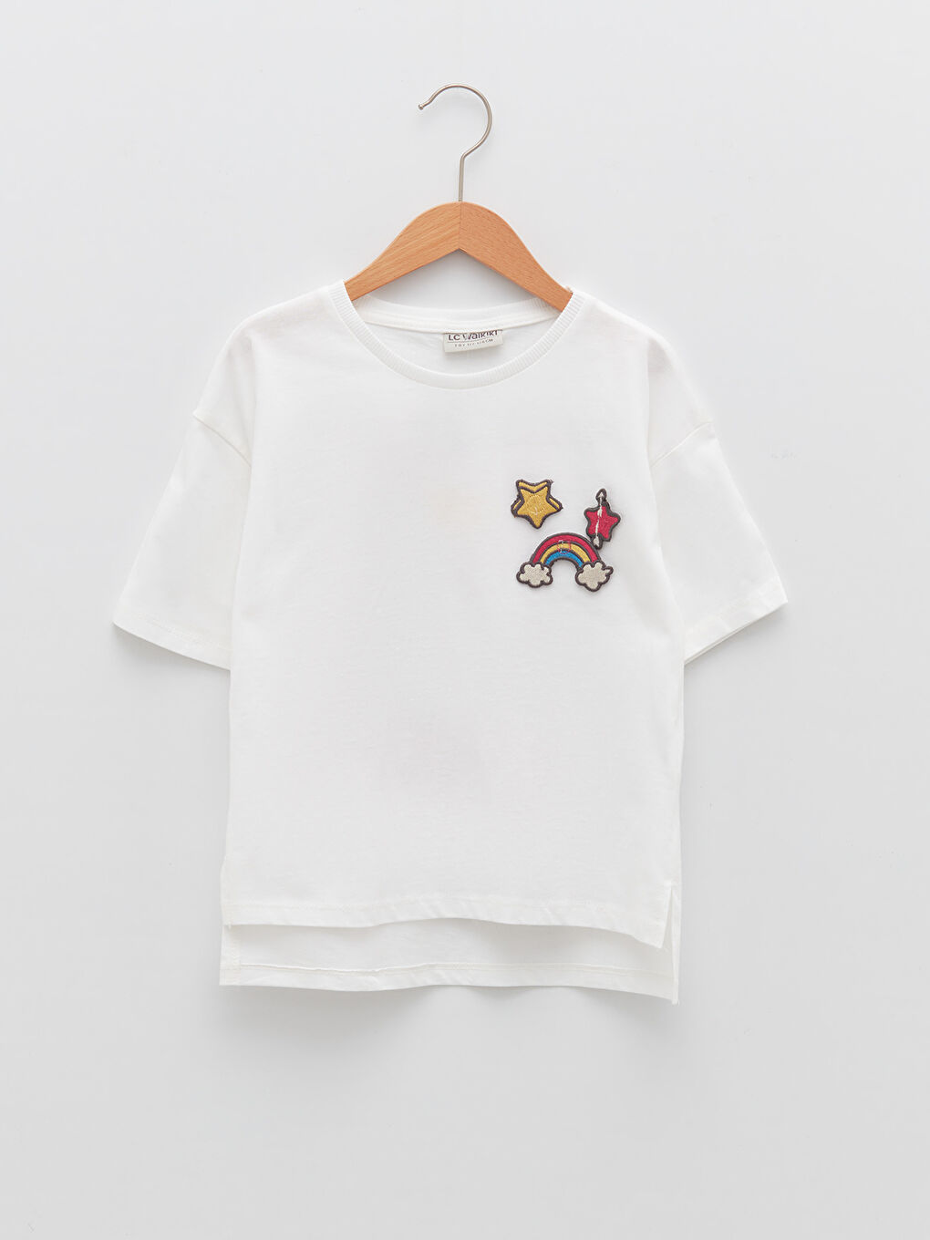 Crew Neck Embroidery Detailed Short Sleeve Cotton Girls T-Shirt