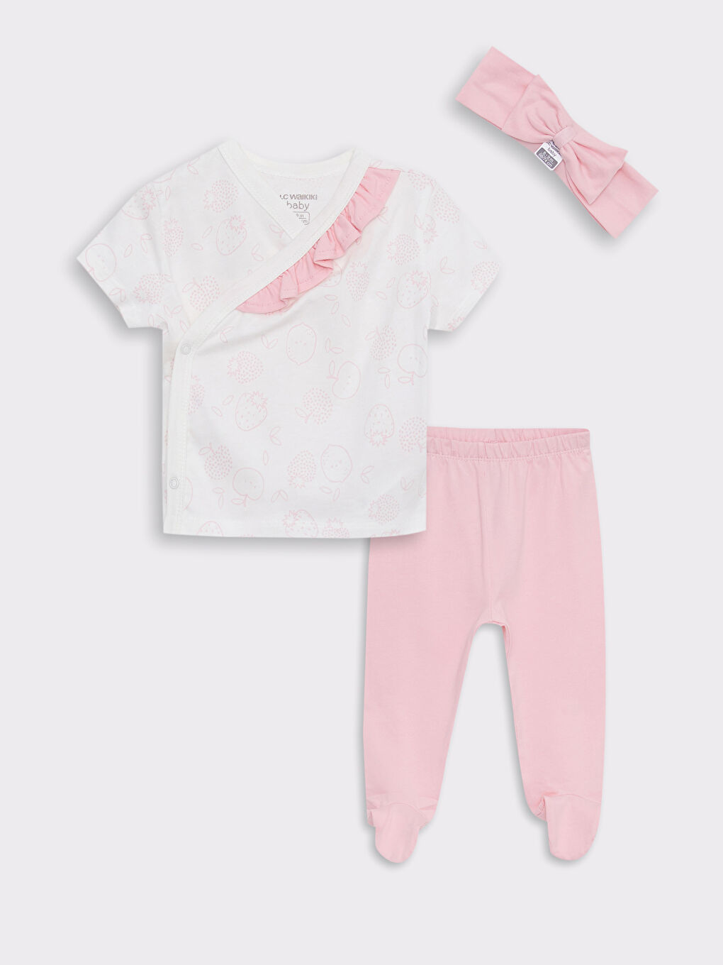 V-Neck Short Sleeve Printed Baby Girl T-Shirt Pants and Hair Band 3-Piece Set