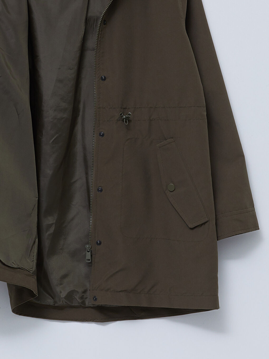 Haki Kapüşonlu Düz Uzun Kollu Oversize Kadın Mont-2