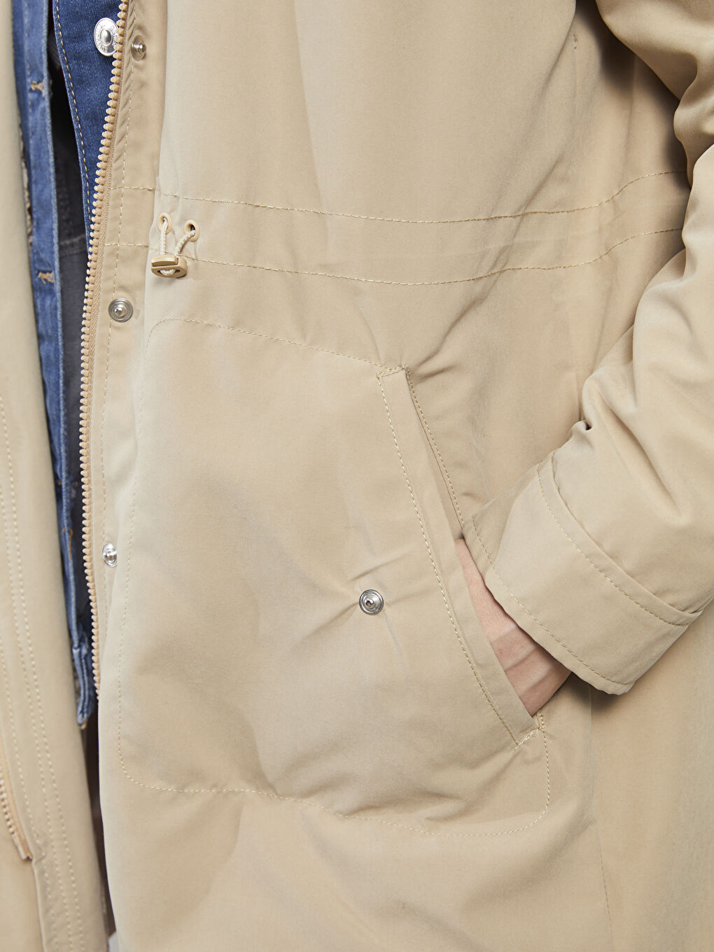 Bej Kapüşonlu Düz Uzun Kollu Oversize Kadın Mont-2