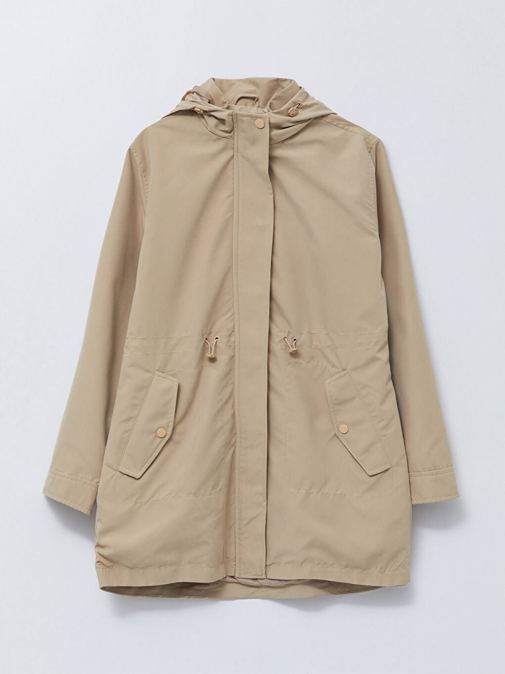 Bej Kapüşonlu Düz Uzun Kollu Oversize Kadın Mont-6