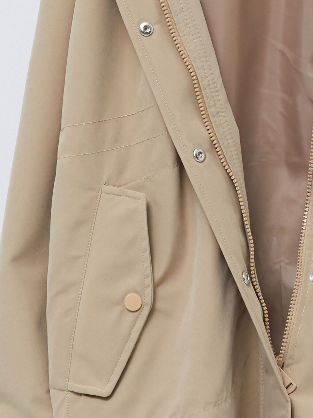 Bej Kapüşonlu Düz Uzun Kollu Oversize Kadın Mont-10