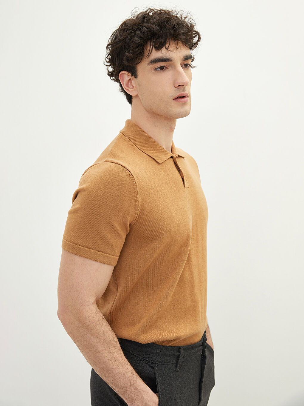 Kahverengi Polo Yaka Kısa Kollu Erkek Triko Kazak-1