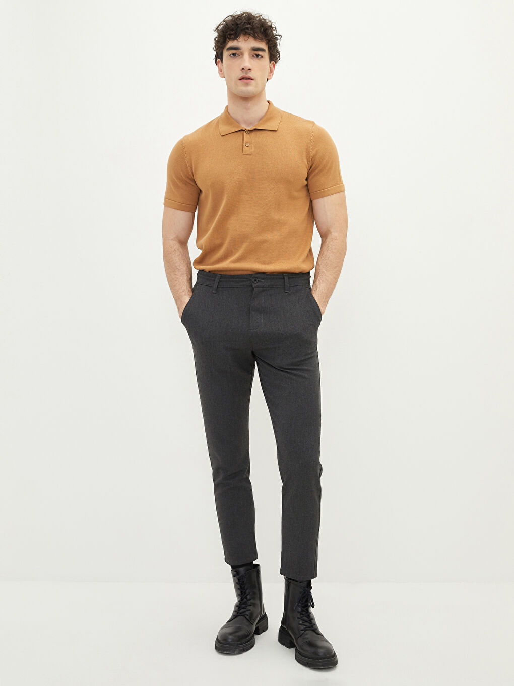 Kahverengi Polo Yaka Kısa Kollu Erkek Triko Kazak-2