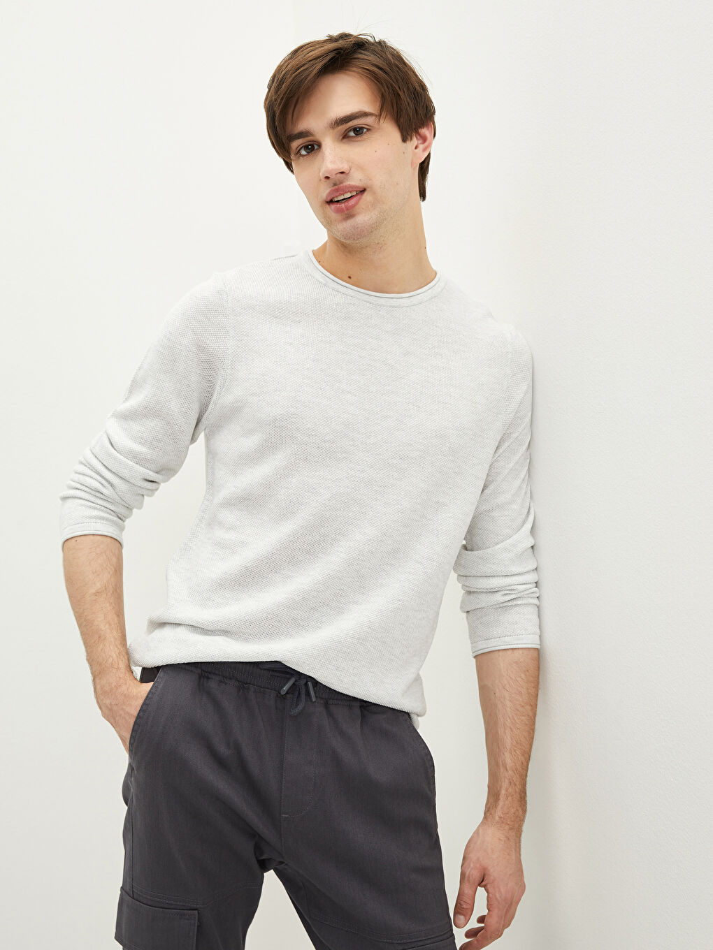 Beyaz Bisiklet Yaka Erkek Triko Kazak