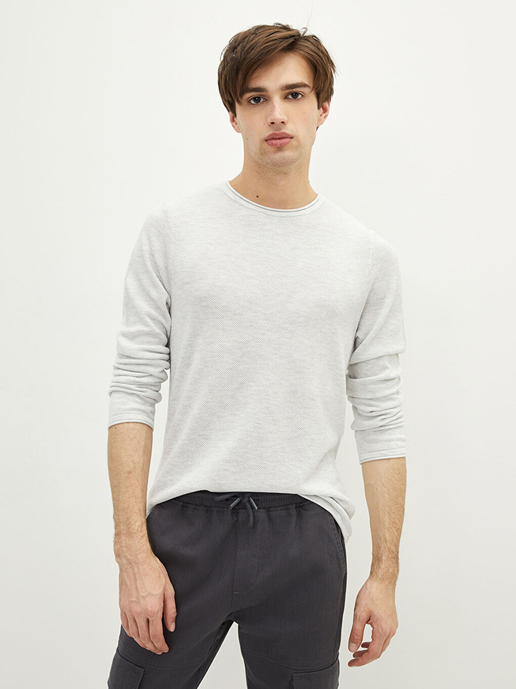 Beyaz Bisiklet Yaka Erkek Triko Kazak-1