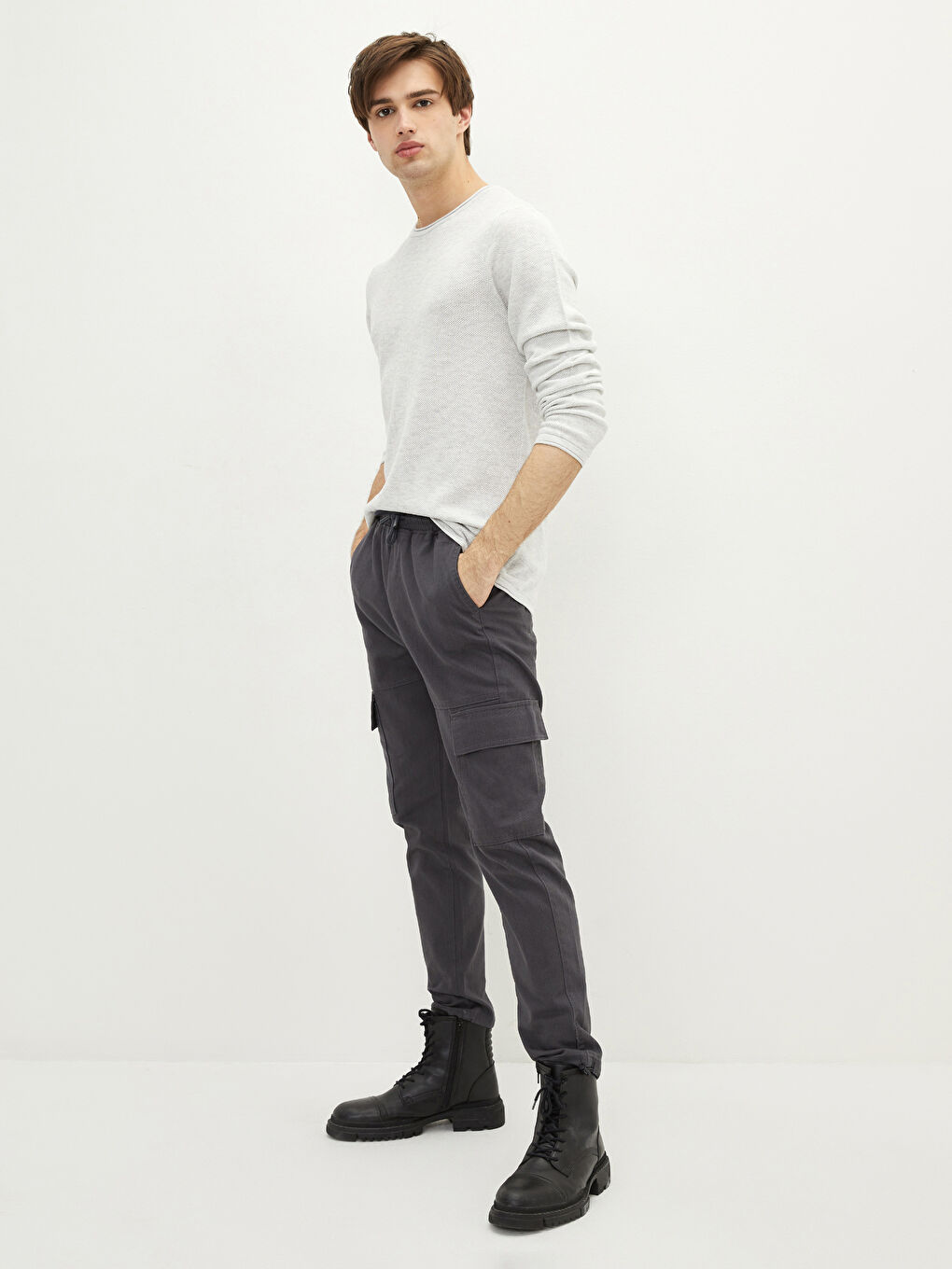 Beyaz Bisiklet Yaka Erkek Triko Kazak-2