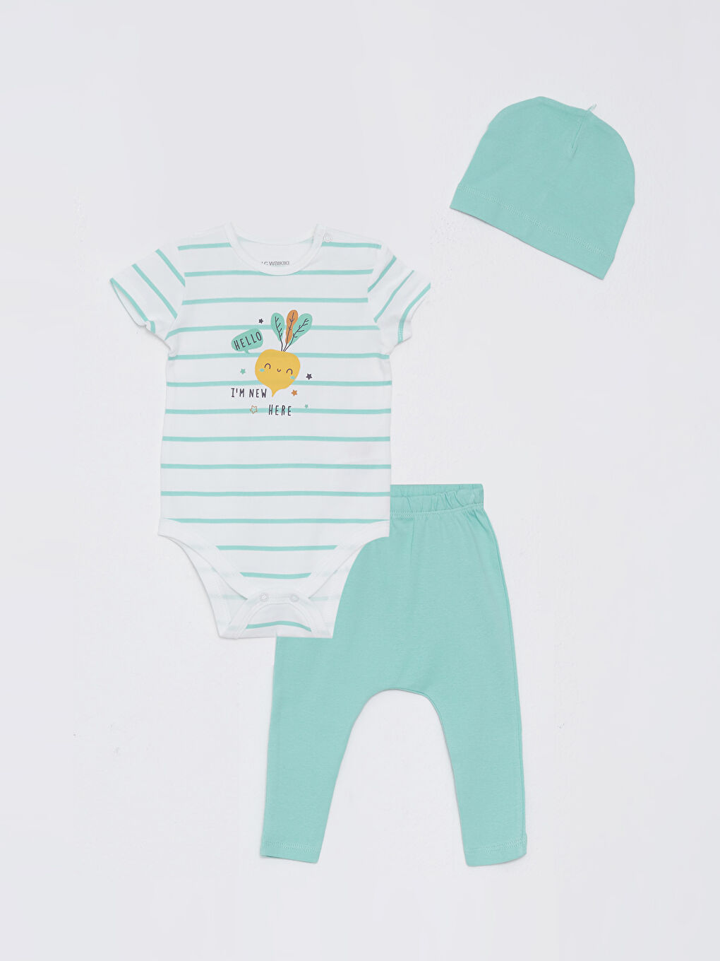LCW baby Crew Neck Short Sleeved Printed Cotton Baby Boy Body Pants and Beanie 3-Piece Set -S26932Z1-LFH