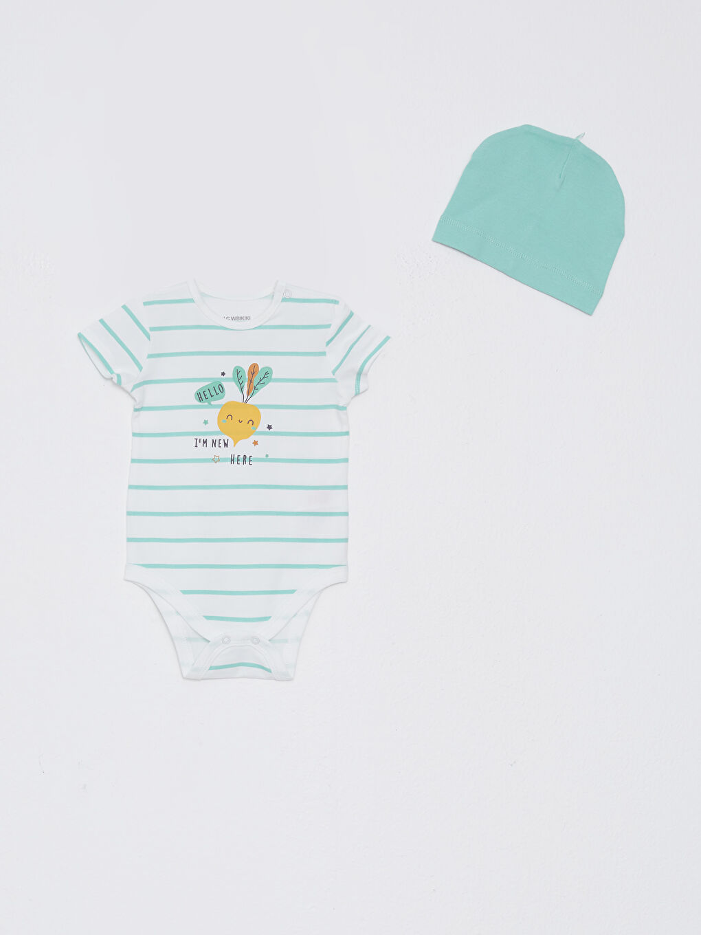 LCW baby Crew Neck Short Sleeved Printed Cotton Baby Boy Body Pants and Beanie 3-Piece Set -S26932Z1-LFH