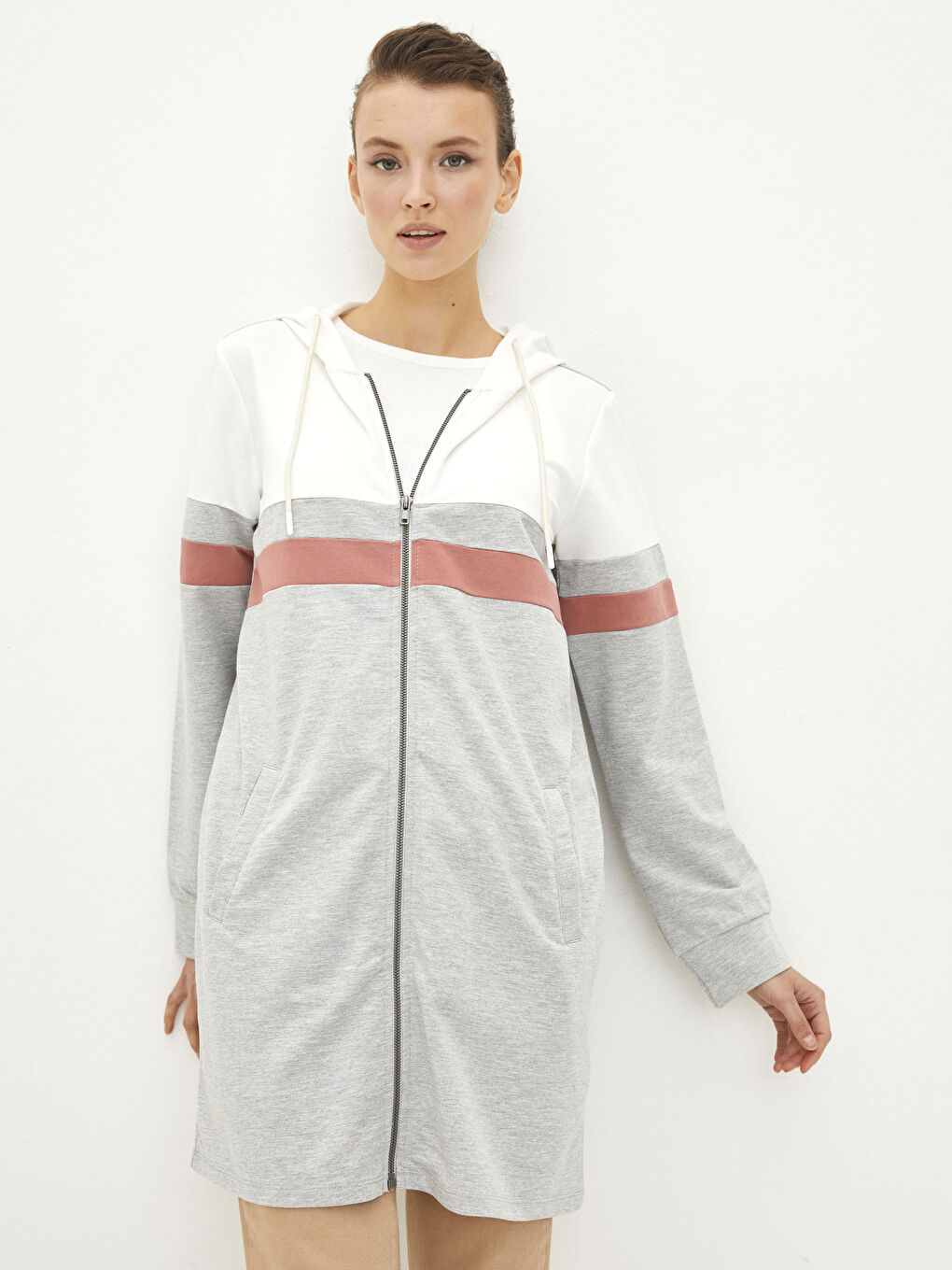 Color-Blocked Long Sleeve Hooded Cardigan