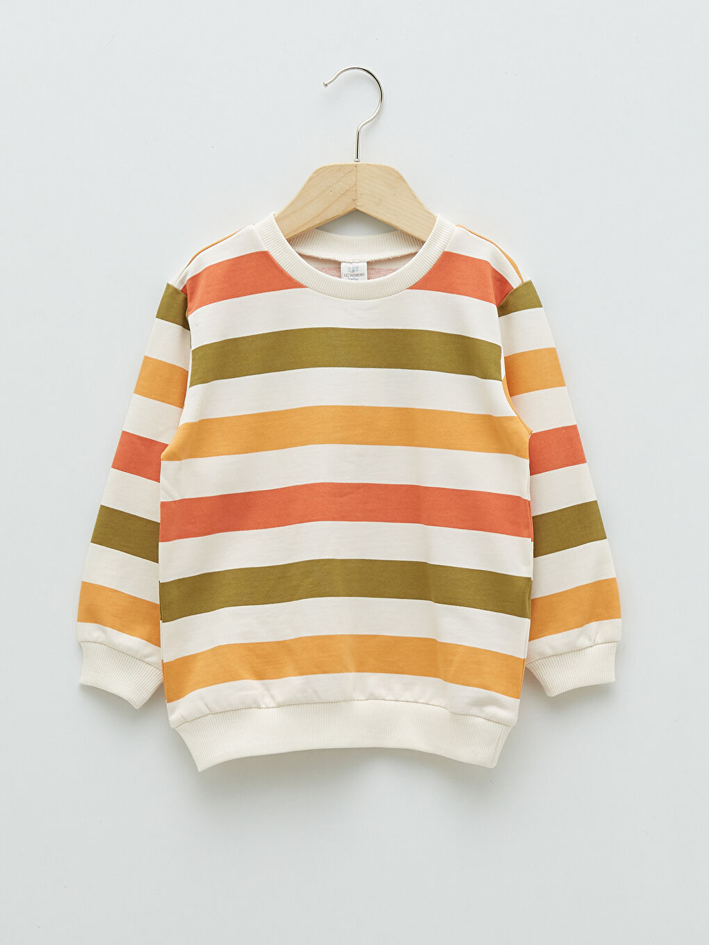 Ekru Bisiklet Yaka Uzun Kollu Çizgili Erkek Bebek Sweatshirt