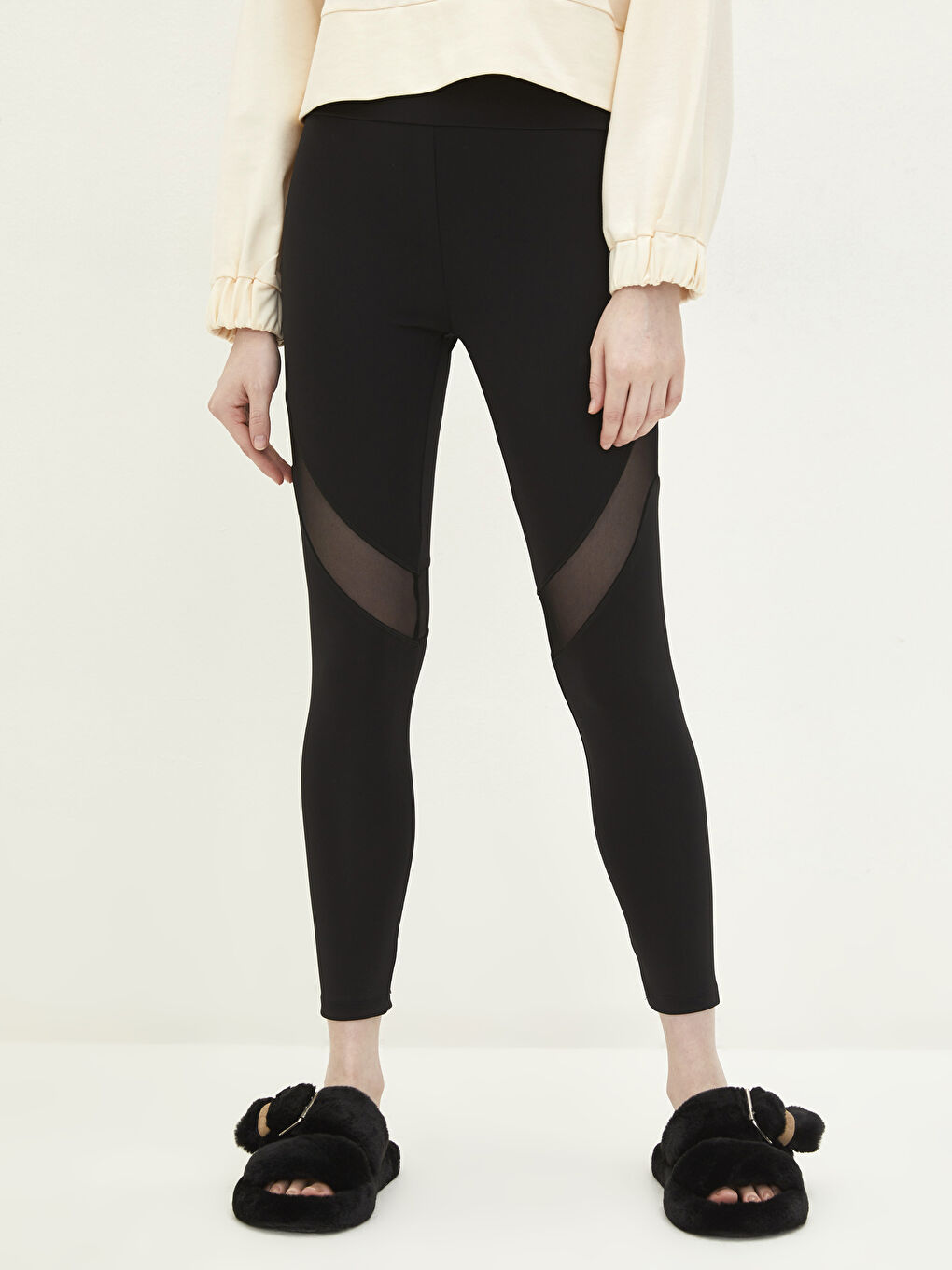 Siyah Beli Lastikli Tül Detaylı Kadın Tayt-2