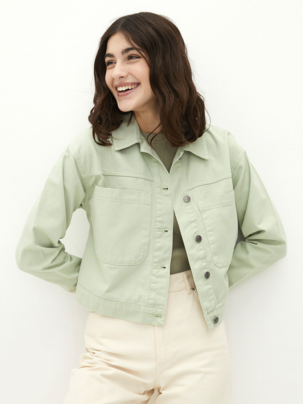 Shirt Collar Letter Printed Long Sleeve Cotton Women's Jacket-1