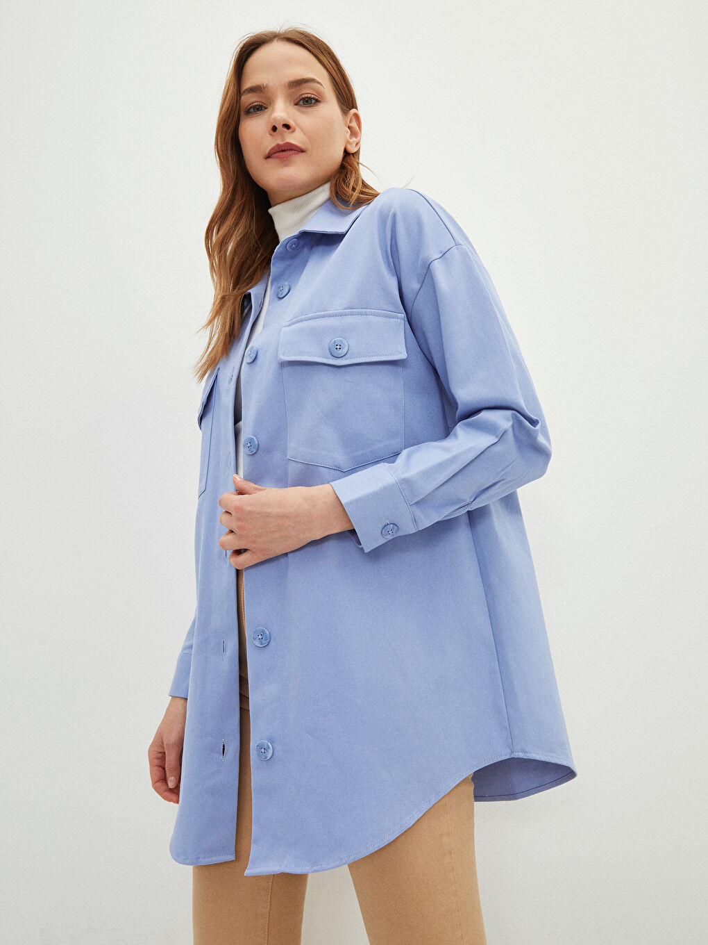 Mavi Düz Uzun Kollu Gabardin Kadın Gömlek Tunik
