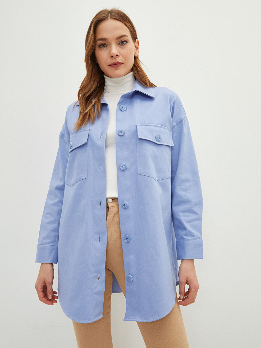 Mavi Düz Uzun Kollu Gabardin Kadın Gömlek Tunik-1