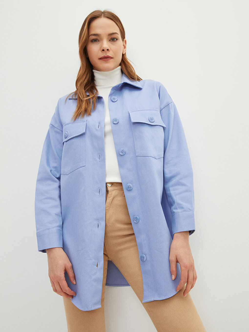 Mavi Düz Uzun Kollu Gabardin Kadın Gömlek Tunik-2