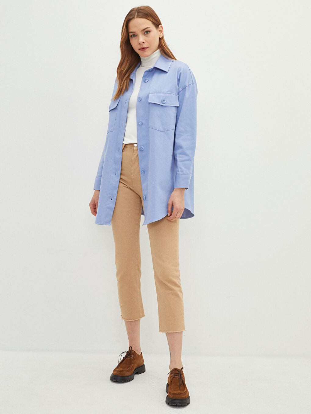 Mavi Düz Uzun Kollu Gabardin Kadın Gömlek Tunik-3