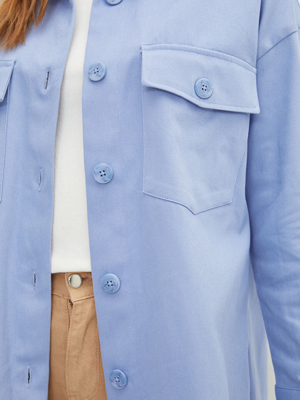 Mavi Düz Uzun Kollu Gabardin Kadın Gömlek Tunik-4