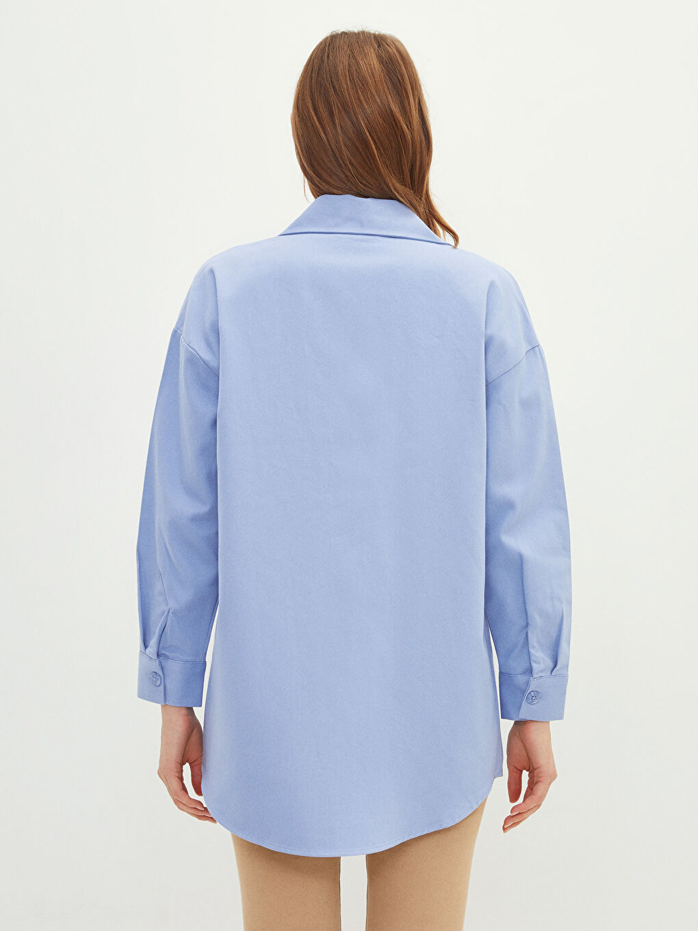 Mavi Düz Uzun Kollu Gabardin Kadın Gömlek Tunik-5