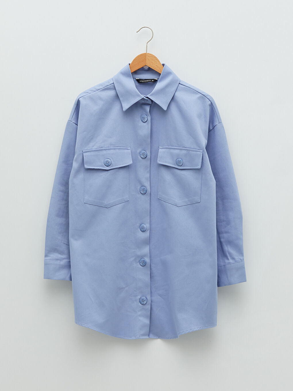 Mavi Düz Uzun Kollu Gabardin Kadın Gömlek Tunik-6