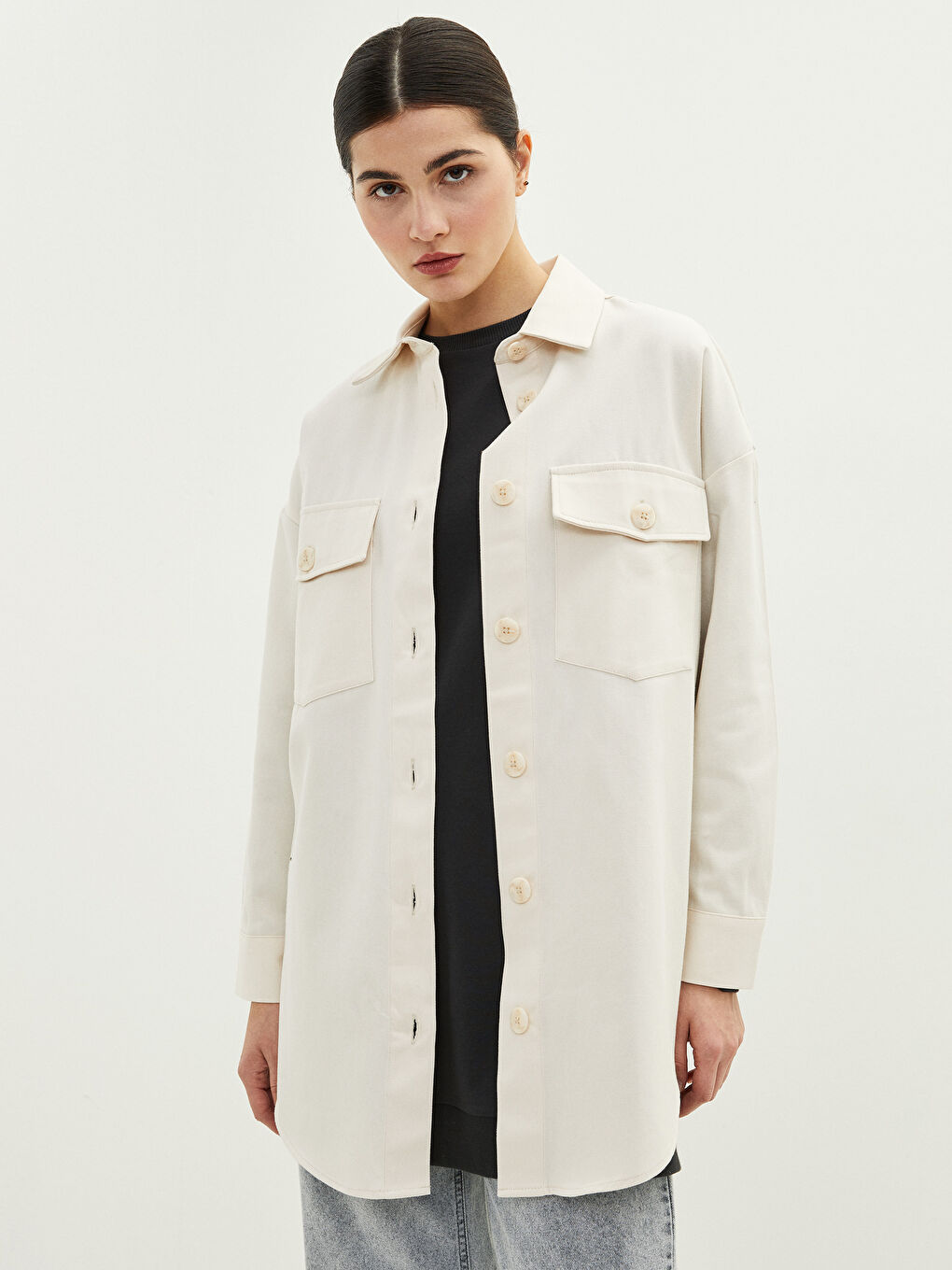 Tunique en chemise unie à manches longues en sergé pour Femmes